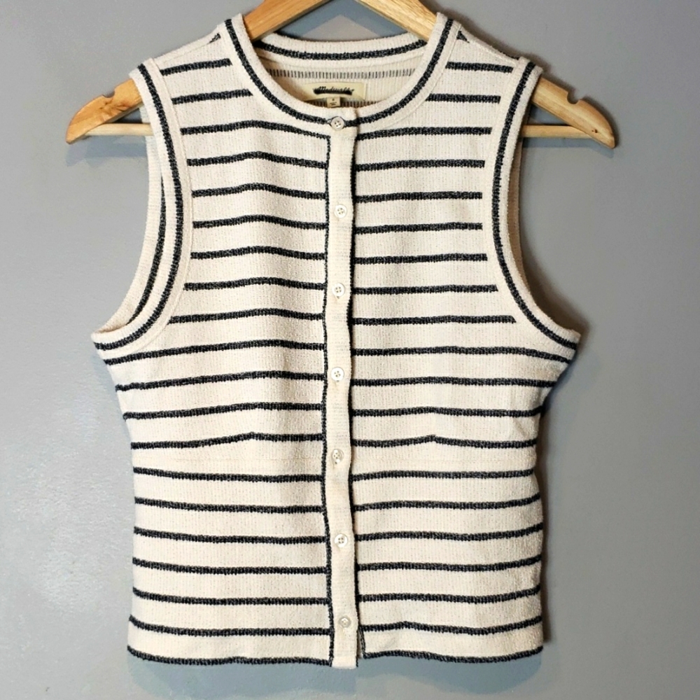 Madewell Black and White Striped Sleeveless Cardigan